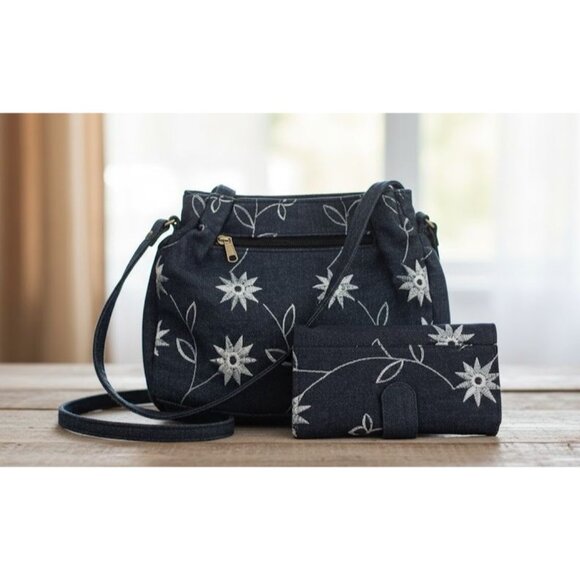 Floral Embroidered Denim Handbag With Zipper Closure & Matching Wallet Set - Picture 1 of 16
